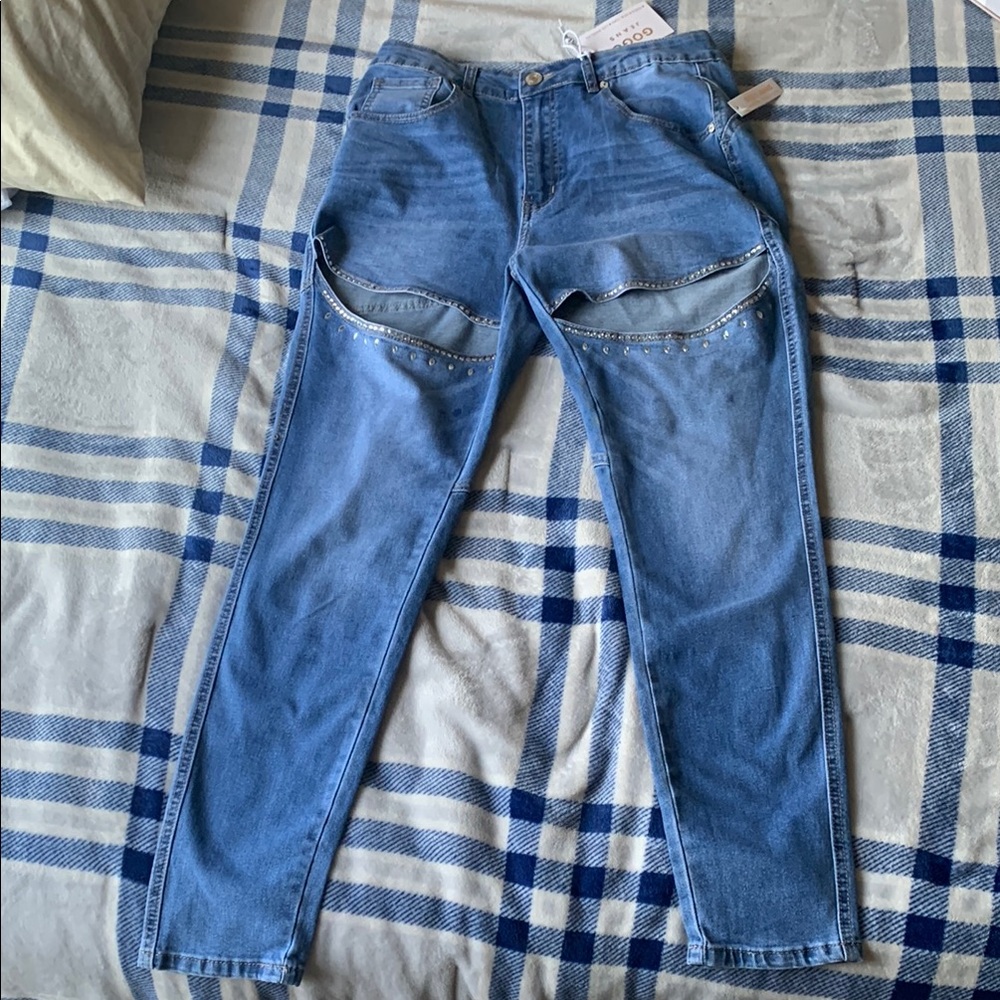 Blue Denim Jeans with Rhinestone Detail